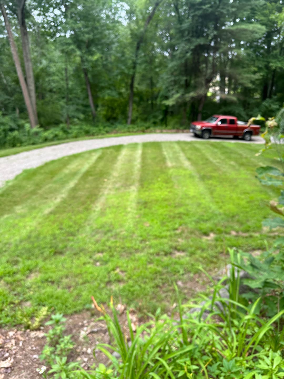 Red pickup truck parked on a gravel driveway beside a neatly mowed grass lawn with trees.